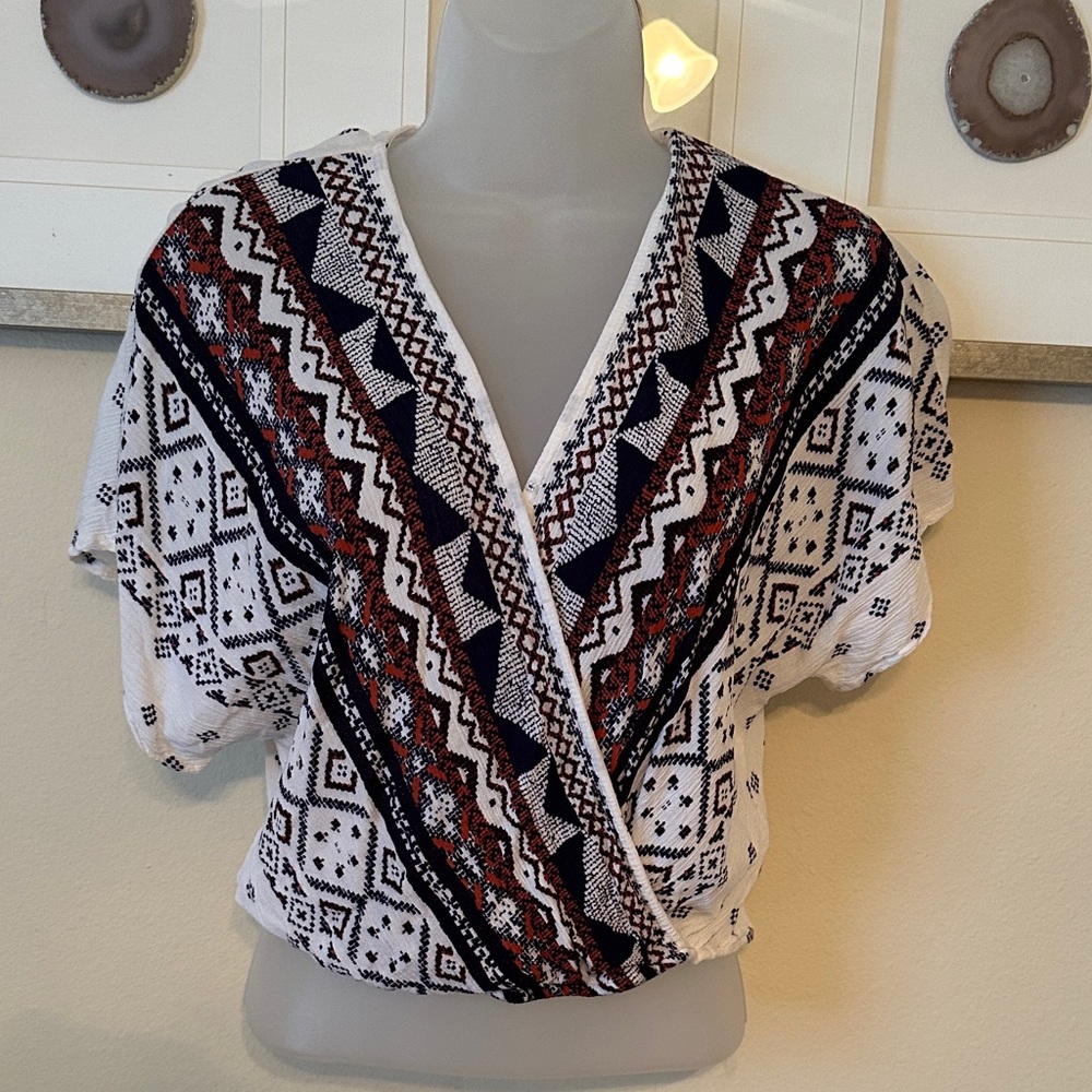 Chloe & Katie Patterned Wrap Blouse - White, Black, Red